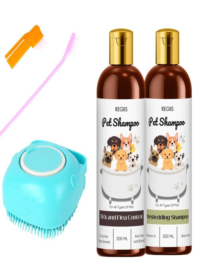 شامبو ريجيس للحيوانات الأليفة للكلاب، تركيبة للتحكم في القراد والبراغيث وتقليل تساقط الشعر، 200 مل لكل عبوة، عبوتان مع فرش (عبوة من 4 قطع) - Image 1